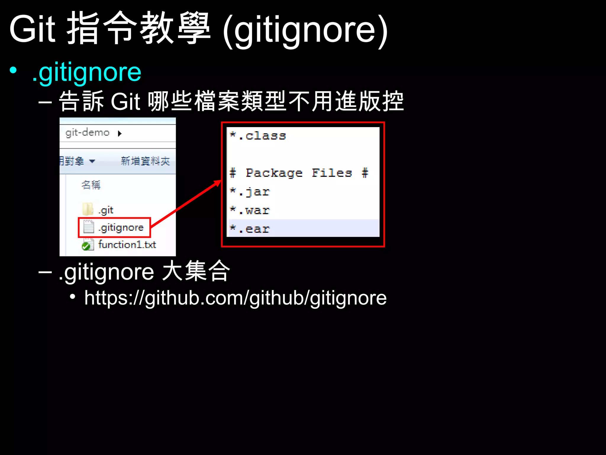 Git指令教學(gitignore) • .gitignore – 告訴Git哪些檔案類型不用進版控 – .gitignore大集合 • https://github.com/github/gitignore 36 