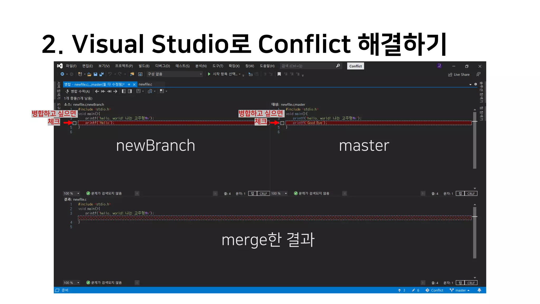 2. Visual Studio로 Conflict 해결하기
newBranch master
merge한 결과
병합하고 싶으면
체크
병합하고 싶으면
체크
 