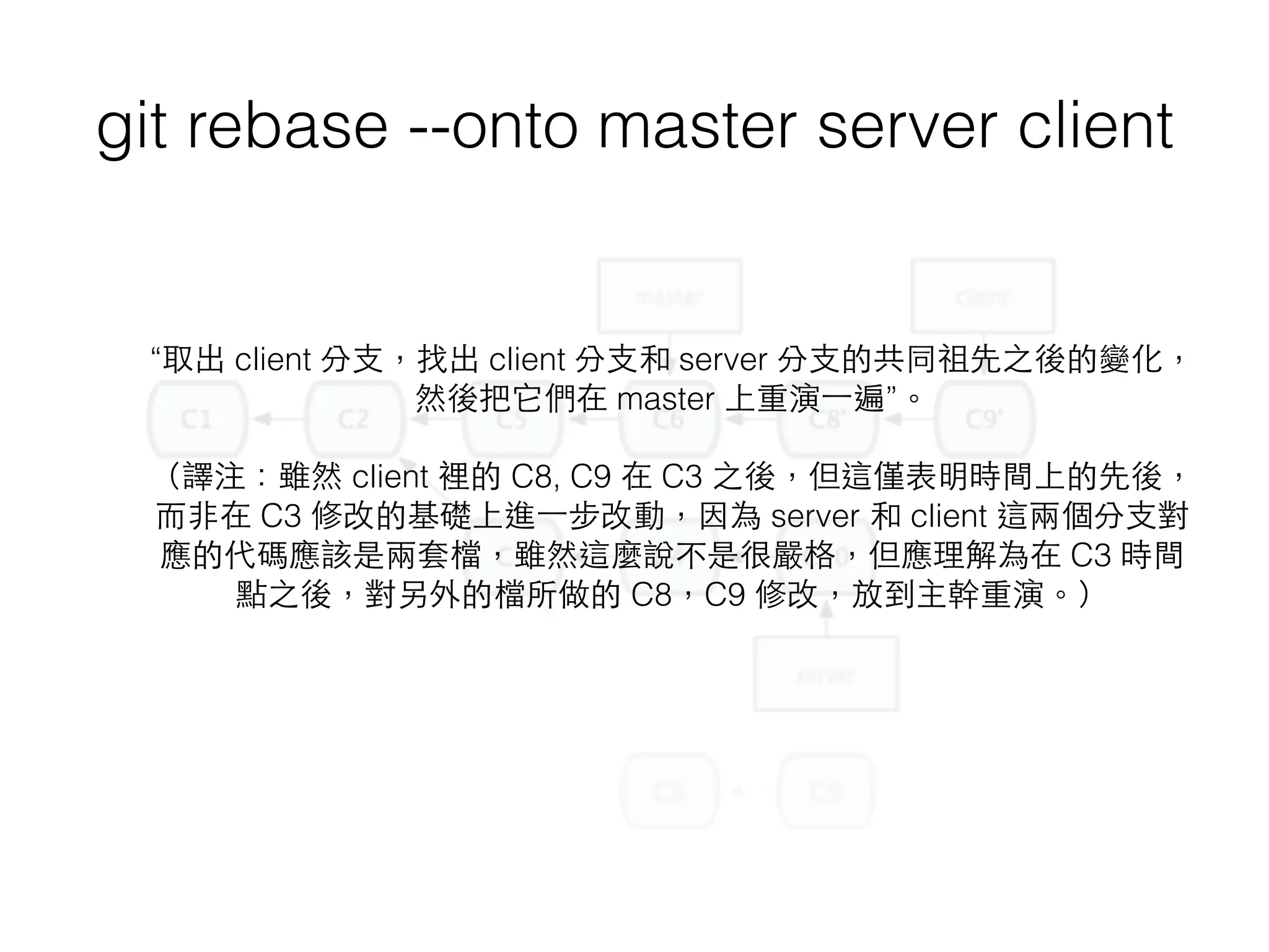git rebase --onto master server client
“取出 client 分⽀支，找出 client 分⽀支和 server 分⽀支的共同祖先之後的變化，
然後把它們在 master 上重演⼀一遍”。
（譯注：雖然 client 裡的 C8, C9 在 C3 之後，但這僅表明時間上的先後，
⽽而⾮非在 C3 修改的基礎上進⼀一步改動，因為 server 和 client 這兩個分⽀支對
應的代碼應該是兩套檔，雖然這麼說不是很嚴格，但應理解為在 C3 時間
點之後，對另外的檔所做的 C8，C9 修改，放到主幹重演。）
 