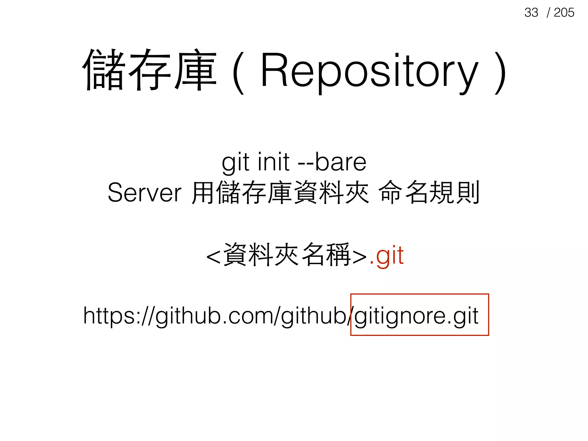 / 20533
git init --bare
Server ⽤用儲存庫資料夾 命名規則
<資料夾名稱>.git
https://github.com/github/gitignore.git
儲存庫 ( Repository )
 