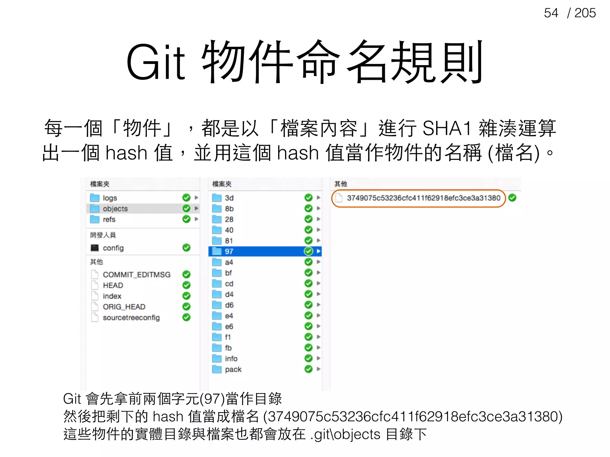 / 20554
Git 物件命名規則
每⼀一個「物件」，都是以「檔案內容」進⾏行 SHA1 雜湊運算
出⼀一個 hash 值，並⽤用這個 hash 值當作物件的名稱 (檔名)。
Git 會先拿前兩個字元(97)當作⺫⽬目錄
然後把剩下的 hash 值當成檔名 (3749075c53236cfc411f62918efc3ce3a31380)
這些物件的實體⺫⽬目錄與檔案也都會放在 .gitobjects ⺫⽬目錄下
 