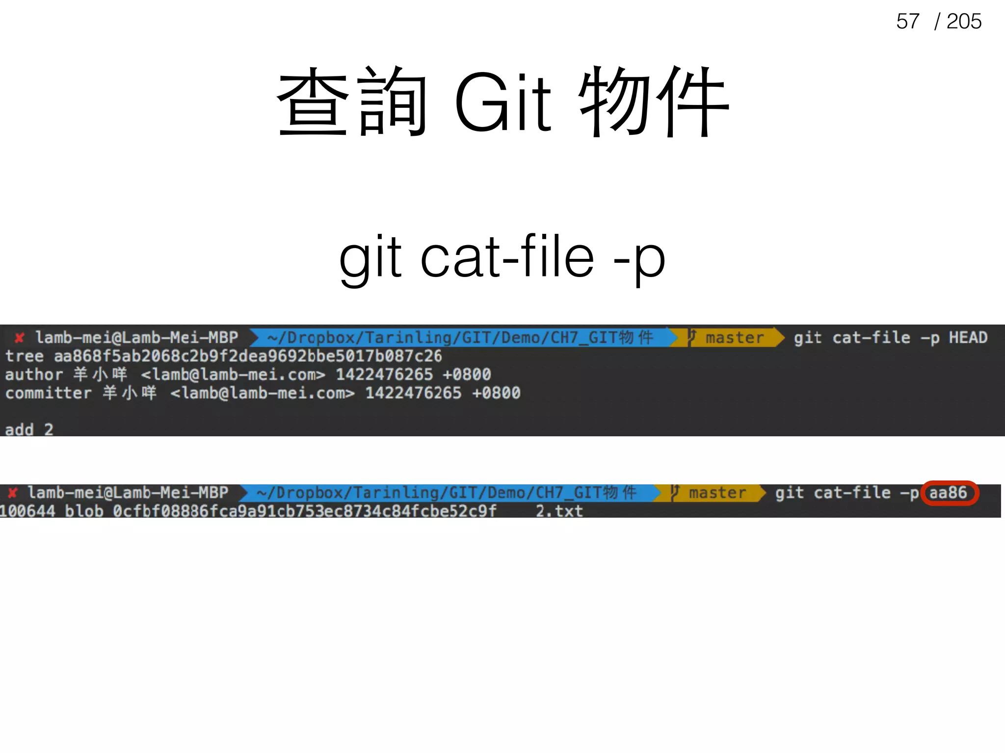 / 20557
查詢 Git 物件
git cat-ﬁle -p
 