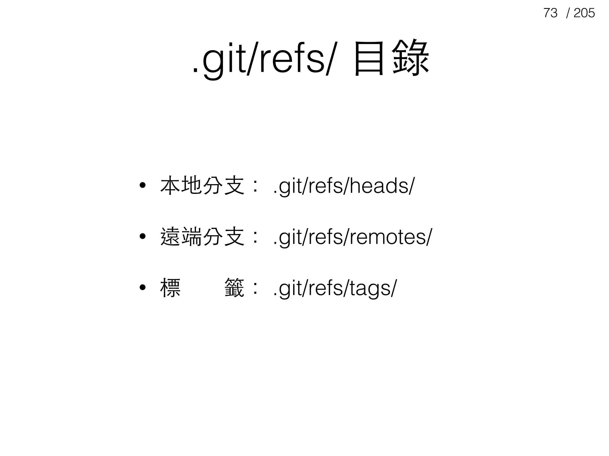 / 20573
.git/refs/ ⺫⽬目錄
• 本地分⽀支： .git/refs/heads/
• 遠端分⽀支： .git/refs/remotes/
• 標　　籤： .git/refs/tags/
 