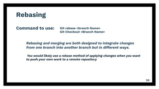 Rebasing
Command to use:
34
Git rebase <branch Name>
Git Checkout <Branch Name>
Rebasing and merging are both designed to integrate changes
from one branch into another branch but in different ways.
You would likely use a rebase method of applying changes when you want
to push your own work to a remote repository
 