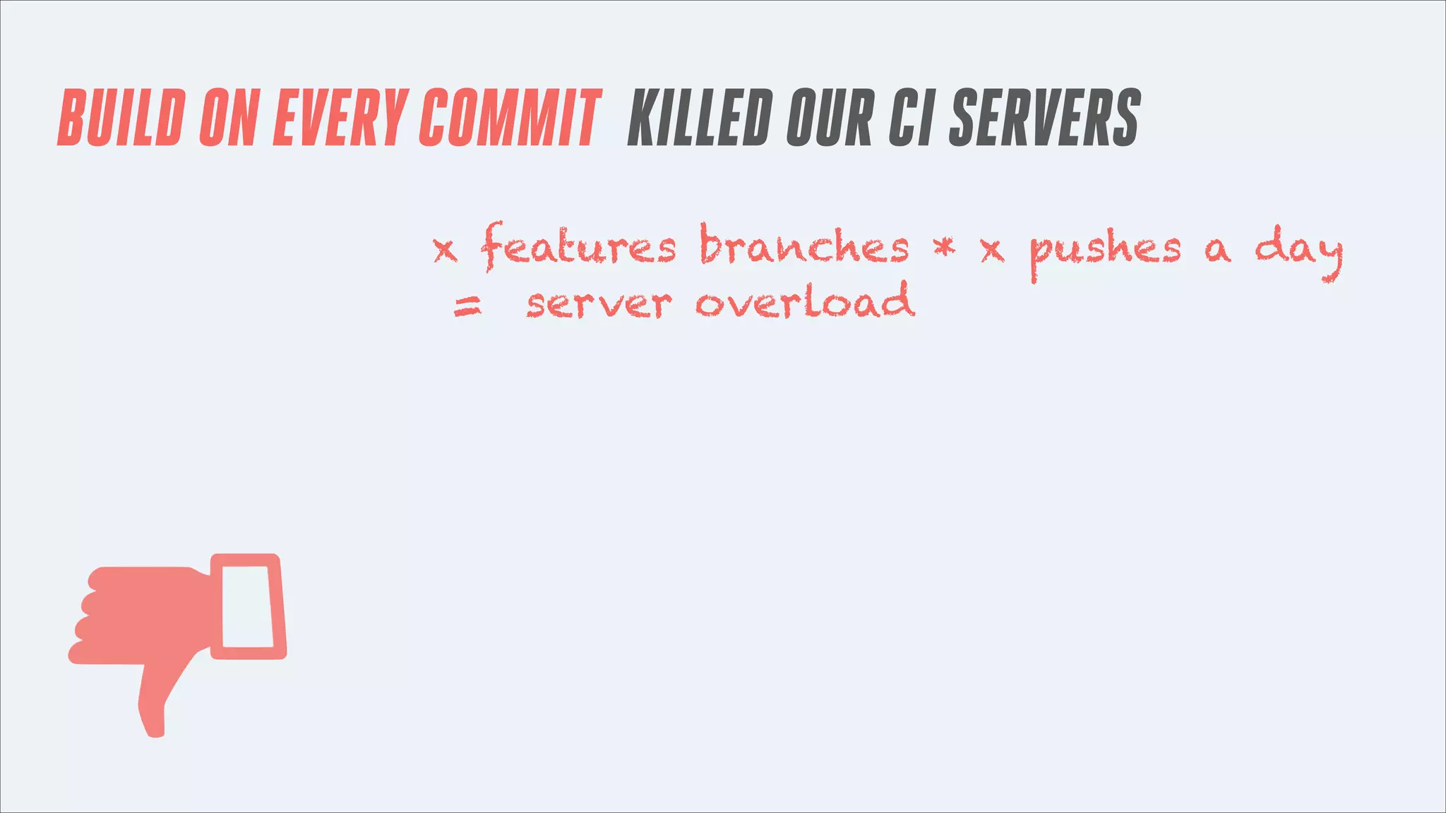 BUILD ON EVERY COMMIT KILLED OUR CI SERVERS
x features branches * x pushes a day
= server overload

 