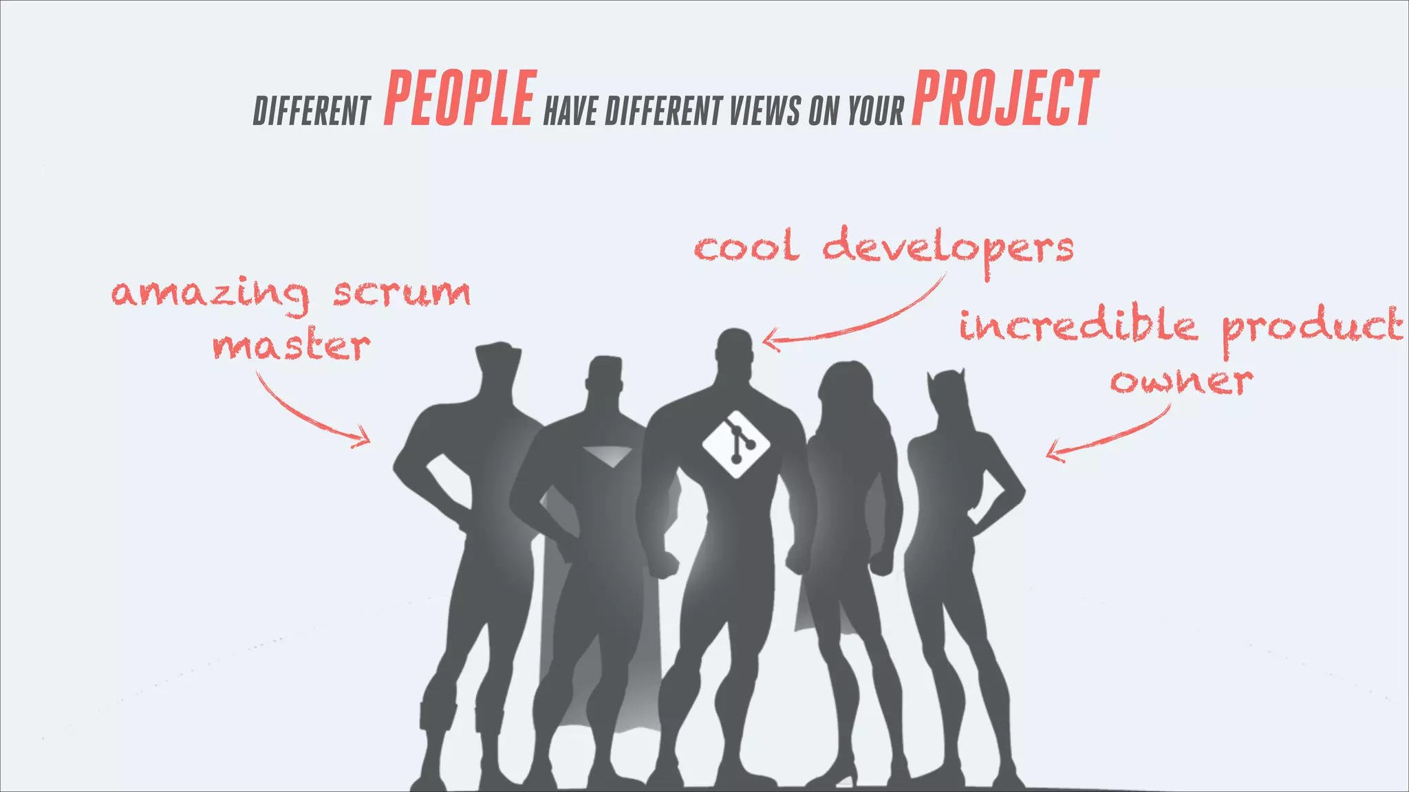 DIFFERENT

PEOPLE HAVE DIFFERENT VIEWS ON YOUR PROJECT

amazing scrum
master

cool developers
incredible product
owner

 