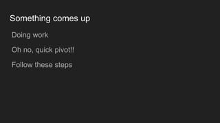 Something comes up
● Doing work
● Oh no, quick pivot!!
● Follow these steps
 