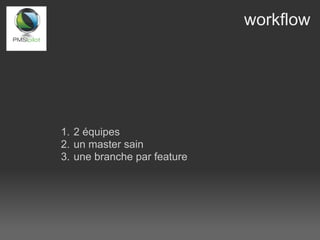 workflow




1. 2 équipes
2. un master sain
3. une branche par feature
 