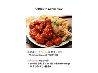 가이드가 탄탄한 Gitflow 의 골격을 따르면서
- 단, release branch는 생성하지 않음
Github flow 장점을 더한다
- develop 선배포후 테스트 완료되면 master merge
- PR을 빈번하게 잘 사용하자
Gitflow + Github flow
 