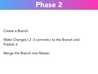 Phase 2 
Create a Branch 
Make Changes ( 2 -3 commits ) to the Branch and 
Publish it 
Merge the Branch into Master 
 