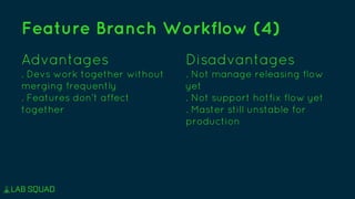 Disadvantages
. Not manage releasing flow
yet
. Not support hotfix flow yet
. Master still unstable for
production
Feature Branch Workflow (4)
Advantages
. Devs work together without
merging frequently
. Features don’t affect
together
 