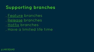 . Feature branches
. Release branches
. Hotfix branches
. Have a limited life time
Supporting branches
 