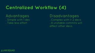 Centralized Workflow (4)
Advantages
. Simple with 1 dev
. Take less effort
Disadvantages
. Complex with > 2 devs
. A unstable commits will
affect other devs
 