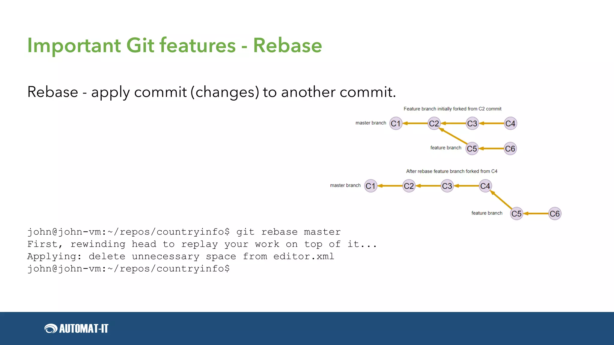 Important Git features - Rebase
Rebase - apply commit (changes) to another commit.
john@john-vm:~/repos/countryinfo$ git rebase master
First, rewinding head to replay your work on top of it...
Applying: delete unnecessary space from editor.xml
john@john-vm:~/repos/countryinfo$
 