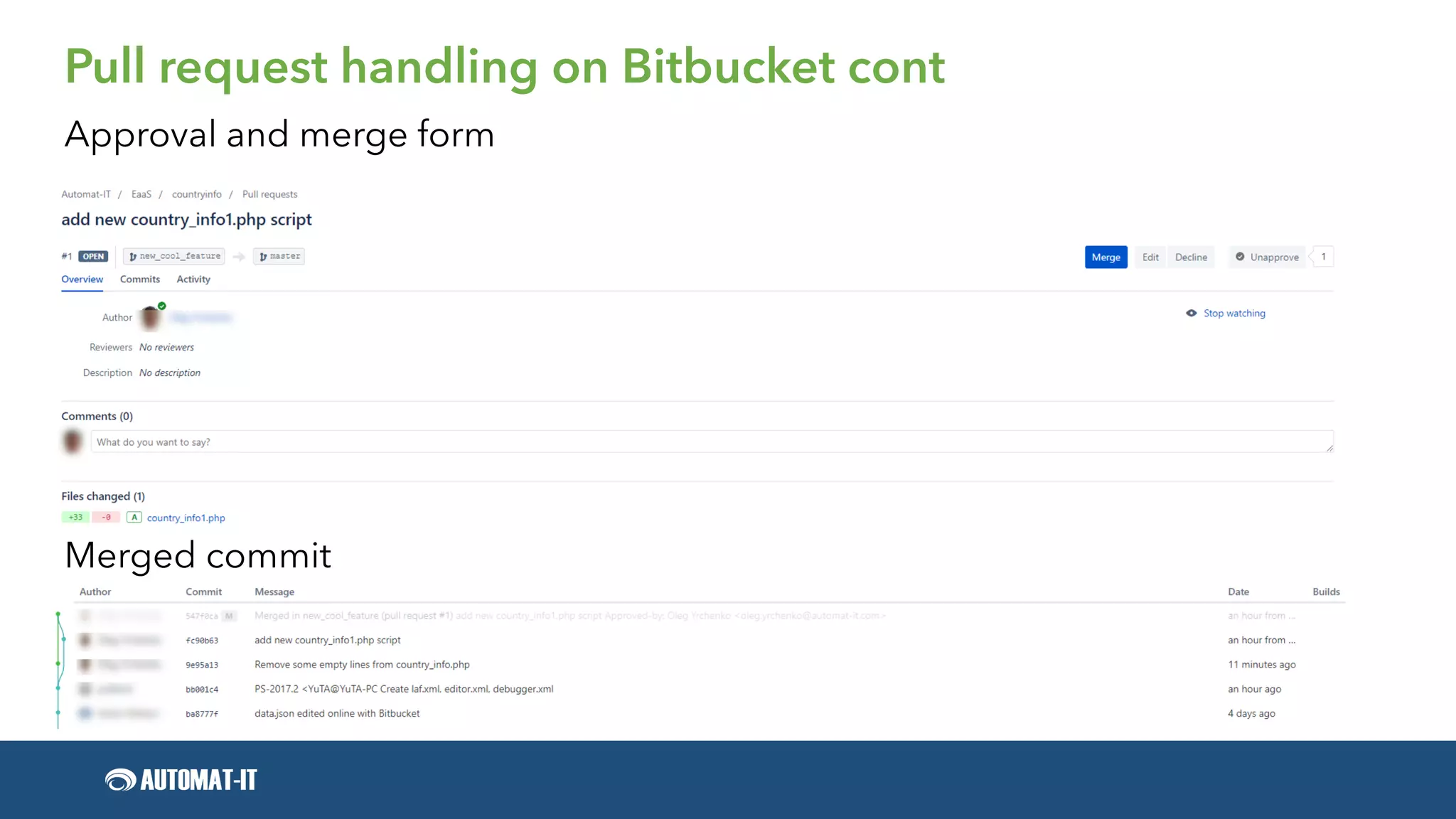 Pull request handling on Bitbucket cont
Approval and merge form
Merged commit
 