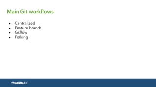 Main Git workflows
● Centralized
● Feature branch
● Gitflow
● Forking
 
