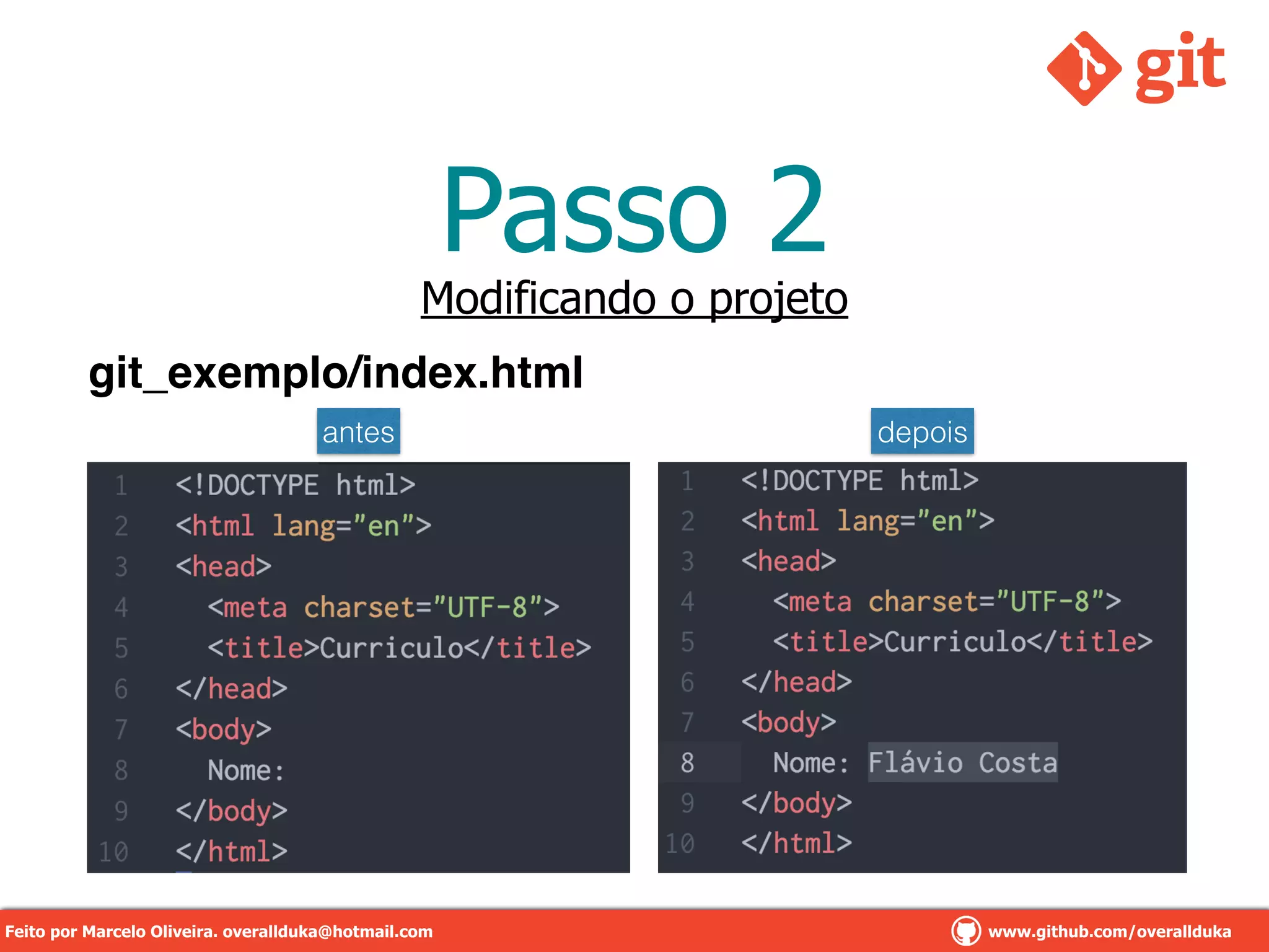 Passo 2
Modificando o projeto
git_exemplo/index.html
antes depois
Feito por Marcelo Oliveira. overallduka@hotmail.com www.github.com/overalldukaFeito por Marcelo Oliveira. overallduka@hotmail.com www.github.com/overallduka
 