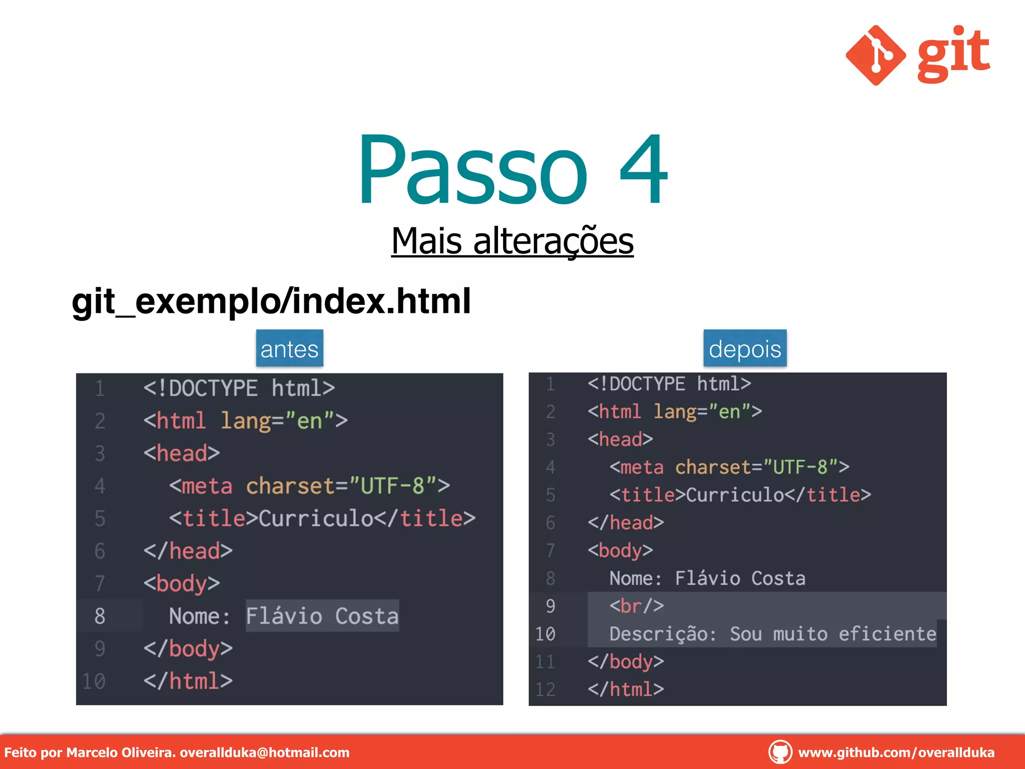 Passo 4
Mais alterações
git_exemplo/index.html
antes depois
Feito por Marcelo Oliveira. overallduka@hotmail.com www.github.com/overalldukaFeito por Marcelo Oliveira. overallduka@hotmail.com www.github.com/overallduka
 