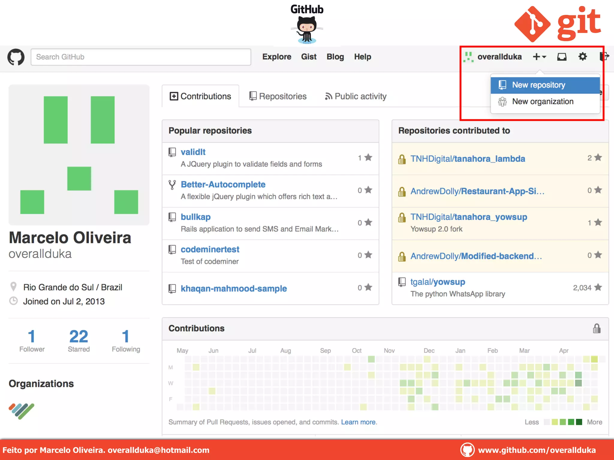 Criando um repositório no Github
Feito por Marcelo Oliveira. overallduka@hotmail.com www.github.com/overalldukaFeito por Marcelo Oliveira. overallduka@hotmail.com www.github.com/overallduka
 