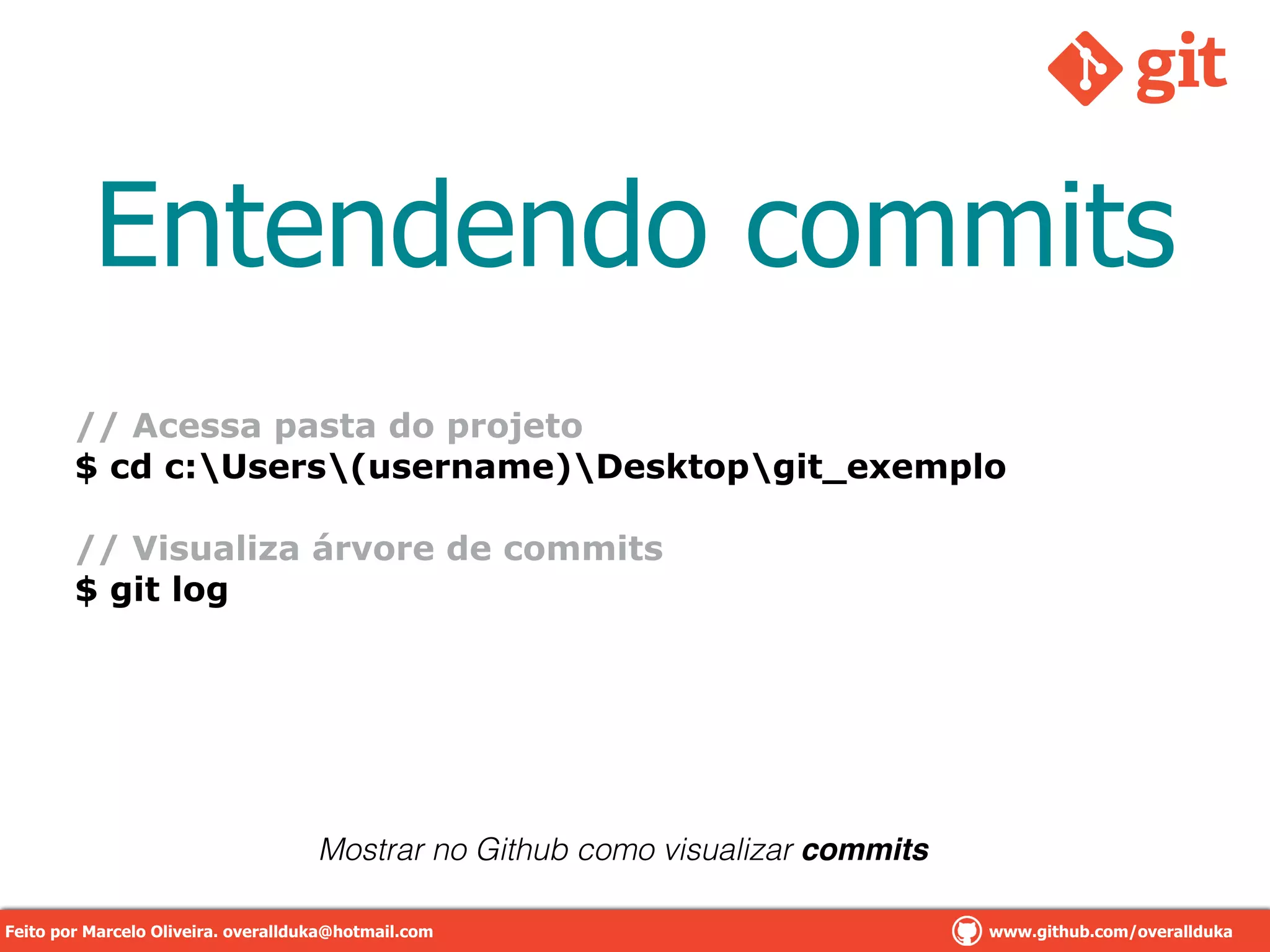 Entendendo commits
// Acessa pasta do projeto
$ cd c:Users(username)Desktopgit_exemplo
!
// Visualiza árvore de commits
$ git log
!
Mostrar no Github como visualizar commits
Feito por Marcelo Oliveira. overallduka@hotmail.com www.github.com/overalldukaFeito por Marcelo Oliveira. overallduka@hotmail.com www.github.com/overallduka
 