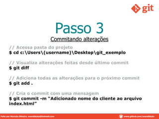 Passo 3
// Acessa pasta do projeto
$ cd c:Users(username)Desktopgit_exemplo
!
// Visualiza alterações feitas desde último commit
$ git diff
!
// Adiciona todas as alterações para o próximo commit
$ git add .
!
// Cria o commit com uma mensagem
$ git commit -m “Adicionado nome do cliente ao arquivo
index.html”
Commitando alterações
Feito por Marcelo Oliveira. overallduka@hotmail.com www.github.com/overalldukaFeito por Marcelo Oliveira. overallduka@hotmail.com www.github.com/overallduka
 