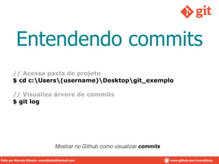 Entendendo commits
// Acessa pasta do projeto
$ cd c:Users(username)Desktopgit_exemplo
!
// Visualiza árvore de commits
$ git log
!
Mostrar no Github como visualizar commits
Feito por Marcelo Oliveira. overallduka@hotmail.com www.github.com/overalldukaFeito por Marcelo Oliveira. overallduka@hotmail.com www.github.com/overallduka
 