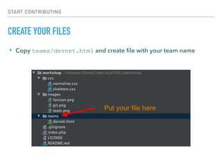 START CONTRIBUTING
CREATE YOUR FILES
‣ Copy teams/devnet.html and create ﬁle with your team name
 