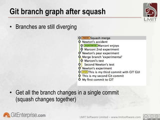 Git graph after mergeLet’s have a look on the result with gitkMerge-type applied: Fast-forward (move refs in history)Branch has been “flattened”Experimental just another ref to master