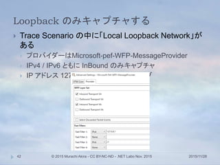 Loopback のみキャプチャする
2015/11/28© 2015 Murachi Akira - CC BY-NC-ND - .NET Labo Nov. 201542
 Trace Scenario の中に「Local Loopback Network」が
ある
 プロバイダーはMicrosoft-pef-WFP-MessageProvider
 IPv4 / IPv6 ともに InBound のみキャプチャ
 IP アドレス 127.0.0.1 / ::1 でフィルタリング
 