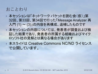 おことわり
2015/11/28© 2015 Murachi Akira - CC BY-NC-ND - .NET Labo Nov. 20155
 本セッションは「ネットワーク パケットを読む会（仮）」第
32回、第33回、第34回で行った「Message Analyzer 再
入門 (1) ～ (3)」の内容を再構成、追補したものです
 本セッションの内容については、発表者が調査および検
証した結果であり、発表者の所属する組織およびマイク
ロソフト社の見解とは異なる場合があります
 本スライドは Creative Commons NC/ND ライセンス
で公開しています。
 