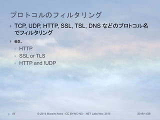 プロトコルのフィルタリング
2015/11/28© 2015 Murachi Akira - CC BY-NC-ND - .NET Labo Nov. 201555
 TCP, UDP, HTTP, SSL, TSL, DNS などのプロトコル名
でフィルタリング
 ex.
 HTTP
 SSL or TLS
 HTTP and !UDP
 