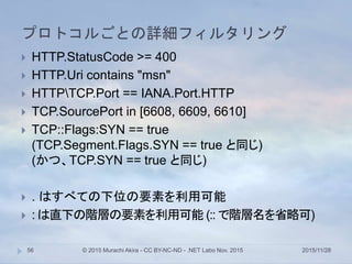 プロトコルごとの詳細フィルタリング
2015/11/28© 2015 Murachi Akira - CC BY-NC-ND - .NET Labo Nov. 201556
 HTTP.StatusCode >= 400
 HTTP.Uri contains "msn"
 HTTPTCP.Port == IANA.Port.HTTP
 TCP.SourcePort in [6608, 6609, 6610]
 TCP::Flags:SYN == true
(TCP.Segment.Flags.SYN == true と同じ)
(かつ、TCP.SYN == true と同じ)
 . はすべての下位の要素を利用可能
 : は直下の階層の要素を利用可能 (:: で階層名を省略可)
 