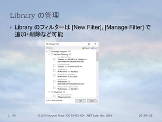 Library の管理
2015/11/28© 2015 Murachi Akira - CC BY-NC-ND - .NET Labo Nov. 201560
 Library のフィルターは [New Filter], [Manage Filter] で
追加・削除など可能
 