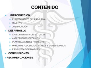 CONTENIDO


INTRODUCCIÓN



OBJETIVO





PLANTEAMIENTO DEL PROBLEMA

JUSTIFICACIÓN

DESARROLLO



ANTECEDENTES TEÓRICOS



PLANIFICACIÓN DEL PROYECTO



MARCO METODOLÓGICO Y ANÁLISIS DE RESULTADOS





ANTECEDENTES CONTEXTUALES

PROPUESTA DE PROYECTO

CONCLUSIONES

RECOMENDACIONES

 