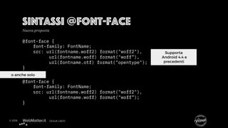 @font-face {
font-family: FontName;
src: url(fontname.woff2) format("woff2"),
url(fontname.woff) format("woff”),
url(fontn...