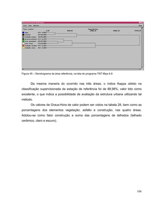 Figura 45 – Dendrograma da área referência, na tela do programa TNT Mips 6.8
Da mesma maneira do ocorrido nas três áreas, o índice Kappa obtido na
classificação supervisionada da estação de referência foi de 88,98%, valor tido como
excelente, o que indica a possibilidade de avaliação da estrutura urbana utilizando tal
método.
Os valores de Graus-Hora de calor podem ser vistos na tabela 28, bem como as
porcentagens dos elementos vegetação, asfalto e construção, nas quatro áreas.
Adotou-se como fator construção a soma das porcentagens de telhados (telhado
cerâmico, claro e escuro).
106
 