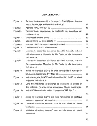 LISTA DE FIGURAS
Figura 1 – Representação esquemática do mapa do Brasil (A) com destaque
para o Estado (B) e a cidade de São Paulo (C) ................................ 42
Figura 2 – Aparelho HOBO H08-004-02 ............................................................ 46
Figura 3 – Representação esquemática da localização dos aparelhos para
coleta de dados ................................................................................. 47
Figura 4 – Multi-Plate Radiation Shield ……………………………………………. 49
Figura 5 – Estação móvel (A) e seu detalhe (B) ................................................ 50
Figura 6 – Aparelho HOBO pendurado na estação móvel ................................. 50
Figura 7 – Questionário aplicado às residências ............................................... 52
Figura 8 – Mosaico das sessenta e sete cenas do satélite Ikonos II, da banda
NIR, abrangendo o Município de São Paulo, na tela do programa
TNT Mips 6.8 .................................................................................... 55
Figura 9 – Mosaico das sessenta e sete cenas do satélite Ikonos II, da banda
Red, abrangendo o Município de São Paulo, na tela do programa
TNT Mips 6.8 .................................................................................... 56
Figura 10 – Índice de vegetação (NDVI) em área abrangendo o Município de
SP, na tela do programa TNT Mips 6.8 ............................................ 56
Figura 11 – Índice de vegetação NDVI no limite do Município de SP, na tela do
programa TNT Mips 6.8 .................................................................... 57
Figura 12 – Cena NIR mostrando (a) diferença de tonalidade, (b) divisão em
dois pedaços e (c) união com a aplicação do filtro de equalização .. 58
Figura 13 – Índice NDVI equalizado, na tela do programa TNT Mips 6.8 ............
59
Figura 14 – Índice de vegetação (NDVI) com faixa homogênea em destaque,
na tela do programa TNT Mips 6.8 ................................................... 60
Figura 15 – Unidades Climáticas Urbanas com as três áreas de estudo
localizadas ........................................................................................ 61
Figura 16 – Unidades climáticas “naturais” com as três áreas de estudo
localizadas ........................................................................................ 62
13
 