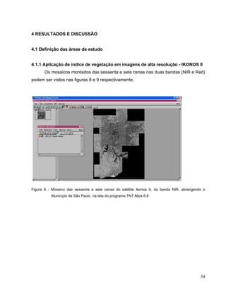 4 RESULTADOS E DISCUSSÃO
4.1 Definição das áreas de estudo
4.1.1 Aplicação de índice de vegetação em imagens de alta resolução - IKONOS II
Os mosaicos montados das sessenta e sete cenas nas duas bandas (NIR e Red)
podem ser vistos nas figuras 8 e 9 respectivamente.
Figura 8 - Mosaico das sessenta e sete cenas do satélite Ikonos II, da banda NIR, abrangendo o
Município de São Paulo, na tela do programa TNT Mips 6.8
54
 
