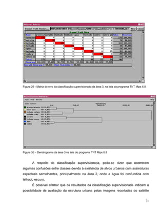 Figura 29 - Matriz de erro da classificação supervisionada da área 3, na tela do programa TNT Mips 6.8
Figura 30 – Dendrograma da área 3 na tela do programa TNT Mips 6.8
A respeito da classificação supervisionada, pode-se dizer que ocorreram
algumas confusões entre classes devido à existência de alvos urbanos com assinaturas
espectrais semelhantes, principalmente na área 2, onde a água foi confundida com
telhado escuro.
É possível afirmar que os resultados da classificação supervisionada indicam a
possibilidade de avaliação da estrutura urbana pelas imagens recortadas do satélite
71
 