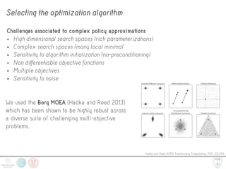 Selecting the optimization algorithm
Challenges associated to complex policy approximations
• High dimensional search spaces (rich parameterizations)
• Complex search spaces (many local minima)
• Sensitivity to algorithm initialization (no-preconditioning)
• Non differentiable objective functions
• Multiple objectives
• Sensitivity to noise
We used the Borg MOEA [Hadka and Reed 2013]
which has been shown to be highly robust across
a diverse suite of challenging multi-objective
problems.
Hadka and Reed (2013). Evolutionary Computation, 21(2), 231-259.
 