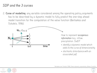 SDP and the 3 curses
Bertsekas and Tsitsiklis [1996]. Neuro-dynamic programming. Athena Scientific.
2. Curse of modelling: any variable considered among the operating policy arguments
has to be described by a dynamic model to fully predict the one-step ahead
model transition for the computation of the value function [Bertsekas and
Tsitsiklis, 1996]
How to represent exogenous
information (e.g., inflow,
precipitation, SWE)?
• identify a dynamic model which
adds to the curse of dimensionality
• stochastic disturbance with an
associated pdf
 