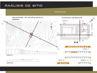 Fau unne - upc iv giuliani, lanfiutti, lucero 
Análisis de sitio 
Cúpulas 
Implantación de las cúpulas en el terreno 
Planta de las cúpulas 
Vista 2 
Corta a – a 
Vista 1 
A 
A 
b 
b 
Vista 1 
Vista 2 
A 
A 
b 
b 
N 
N  