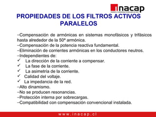 w w w . i n a c a p . c l
PROPIEDADES DE LOS FILTROS ACTIVOS
PARALELOS
−Compensación de armónicas en sistemas monofásicos y trifásicos
hasta alrededor de la 50ª armónica.
−Compensación de la potencia reactiva fundamental.
−Eliminación de corrientes armónicas en los conductores neutros.
−Independientes de:
 La dirección de la corriente a compensar.
 La fase de la corriente.
 La asimetría de la corriente.
 Calidad del voltaje.
 La impedancia de la red.
−Alto dinamismo.
−No se producen resonancias.
−Protección interna por sobrecargas.
−Compatibilidad con compensación convencional instalada.
 