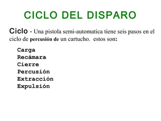 CICLO DEL DISPARO
Ciclo - Una pistola semi-automatica tiene seis pasos en el
ciclo de percusión de un cartucho. estos son:
Carga
Recámara
Cierre
Percusión
Extracción
Expulsión
 