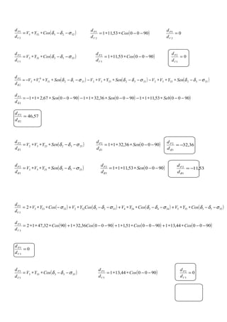 ( )900053,111
2
5
−−∗∗= Cos
d
d
V
P
0
2
5
=
V
P
d
d
( )2552252
5
2
σδδ −−∗∗= CosYV
d
d
V
P
( )900053,111
5
2
−−∗∗= Cos
d
d
V
P
0
5
2
=
V
P
d
d
( ) ( ) ( )2552255223322332211221
0
12
2
2
σδδσδδσδδ
δ
−−∗∗∗−−−∗∗∗−−−∗∗∗−= SenYVVSenYVVSenYVV
d
dP
( ) ( ) ( )900053,1111900036,3211900067,211
2
2
−−∗∗∗−−−∗∗∗−−−∗∗∗−= SebSenSen
d
dP
δ
57,46
2
2
=
δd
dP
( )900036,3211
3
2
−−∗∗∗= Sen
d
dP
δ
36,32
3
2
−=
δd
dP
( )25522552
5
2
σδδ
δ
−−∗∗∗= SenYVV
d
dP
( )900053,1111
5
2
−−∗∗∗= Sen
d
dP
δ
53,11
3
2
−=
δd
dP
( ) ( ) ( ) ( )35533553443344332332233333
3
3
2 σδδσδδσδδσ −−∗∗+−−∗∗+−−∗+−∗∗∗= CosYVCosYVCosYVCosYV
d
d
V
P
( ) ( ) ( ) ( )900044,131900051,11900036,3219032,4712
3
3
−−∗∗+−−∗∗+−−∗+∗∗∗= CosCosCosCos
d
d
V
P
0
3
3
=
V
P
d
d
( )3553353
5
3
σδδ −−∗∗= CosYV
d
d
V
P
( )900044,131
5
3
−−∗∗= Cos
d
d
V
P
0
5
2
=
V
P
d
d
( )5225525
2
5
σδδ −−∗∗= CosYV
d
d
V
P
( )23322332
3
2
σδδ
δ
−−∗∗∗= SenYVV
d
dP
 