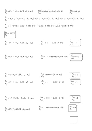 ( )32233223
2
3
σδδ
δ
−−∗∗∗= SenYVV
d
dP
( )900084,411
2
3
−−∗∗∗= Sen
d
dP
δ
84,4
3
2
−=
δd
dP
( ) ( ) ( )355335533443344332233223
3
3
σδδσδδσδδ
δ
−−∗∗∗−−−∗∗∗−−−∗∗∗−= SenYVVSenYVVSenYVV
d
dP
( ) ( ) ( )90005125,1119000111900084,411
3
3
−−∗∗∗−−−∗∗∗−−−∗∗∗−= SenSenSen
d
dP
δ
3525,7
3
3
=
δd
dP
( )34433443
4
3
σδδ
δ
−−∗∗∗= SenYVV
d
dP
( )9000111
4
3
−−∗∗∗= Sen
d
dP
δ
1
4
3
−=
δd
dP
( )35533553
5
3
σδδ
δ
−−∗∗∗= SenYVV
d
dP
( )90005125,111
5
3
−−∗∗∗= Sen
d
dP
δ
5125,1
4
3
−=
δd
dP
( )4334434
3
4
σδδ −−∗∗= CosYV
d
d
V
P
( )900011
3
4
−−∗∗= Cos
d
d
V
P
0
3
4
=
V
P
d
d
( )43344334
3
4
σδδ
δ
−−∗∗∗= SenYVV
d
dP
( )9000111
3
4
−−∗∗∗= Sen
d
dP
δ
1
4
3
−=
δd
dP
( )43344334
4
4
σδδ
δ
−−∗∗∗−= SenYVV
d
dP
( )9000111
4
4
−−∗∗∗−= Sen
d
dP
δ
1
4
4
=
δd
dP
( )90003611,31
2
5
−−∗∗= Cos
d
d
V
P
0
2
5
=
V
P
d
d
( )5225525
2
5
σδδ −−∗∗= CosYV
d
d
V
P
 