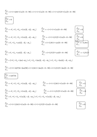 ( ) ( ) ( )90005125,1119000111900084,411
3
3
−−∗∗∗+−−∗∗∗+−−∗∗∗= CosCosCos
d
dQ
δ
0
3
3
=
δd
dQ
( )34433443
4
3
σδδ
δ
−−∗∗∗−= CosYVV
d
dQ
( )9000111
4
3
−−∗∗∗−= Cos
d
dQ
δ
0
4
3
=
δd
dQ
( )35533553
5
3
σδδ
δ
−−∗∗∗−= CosYVV
d
dQ
( )90005125,111
5
3
−−∗∗∗−= Cos
d
dQ
δ
0
5
3
=
δd
dQ
( )5225525
2
5
σδδ −−∗∗= senYV
d
d
V
Q
( )90003611,31
2
5
−−∗∗= sen
d
d
V
Q
3611,3
2
5
−=
V
Q
d
d
( )5335535
3
5
σδδ −−∗∗= senYV
d
d
V
Q
( )90005125,11
3
5
−−∗∗= sen
d
d
V
Q
5125,1
3
5
−=
V
Q
d
d
( ) ( ) ( )5335533522552255555
5
5
2 σδδσδδσ −−∗∗+−−∗∗+−∗∗∗= SenYVSenYVSenYV
d
d
V
Q
( ) ( ) ( )90005125,11190003611,31908736,412
5
5
−−∗∗+−−∗∗+∗∗∗= SenSenSen
d
d
V
Q
8736,4
5
5
=
V
Q
d
d
( )52255225
2
5
σδδ
δ
−−∗∗∗−= CosYVV
d
dQ
( )90003611,311
2
5
−−∗∗∗−= Cos
d
dQ
δ
0
2
5
=
δd
dQ
( )53355335
3
5
σδδ
δ
−−∗∗∗−= CosYVV
d
dQ
( )90005125,111
2
5
−−∗∗∗−= Cos
d
dQ
δ
0
2
5
=
δd
dQ
( ) ( )5335533552255225
5
5
σδδσδδ
δ
−−∗∗∗+−−∗∗∗= CosYVVCosYVV
d
dQ
( ) ( )90005125,11190003611,311
5
5
−−∗∗∗+−−∗∗∗= CosCos
d
dQ
δ
0
5
5
=
δd
dQ
 
