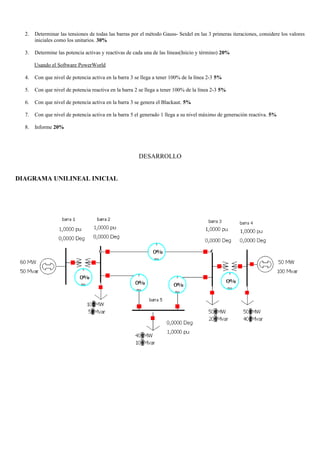 2. Determinar las tensiones de todas las barras por el método Gauss- Seidel en las 3 primeras iteraciones, considere los valores
iniciales como los unitarios. 30%
3. Determine las potencia activas y reactivas de cada una de las líneas(Inicio y término) 20%
Usando el Software PowerWorld
4. Con que nivel de potencia activa en la barra 3 se llega a tener 100% de la línea 2-3 5%
5. Con que nivel de potencia reactiva en la barra 2 se llega a tener 100% de la línea 2-3 5%
6. Con que nivel de potencia activa en la barra 3 se genera el Blackaut. 5%
7. Con que nivel de potencia activa en la barra 5 el generado 1 llega a su nivel máximo de generación reactiva. 5%
8. Informe 20%
DESARROLLO
DIAGRAMA UNILINEAL INICIAL
 