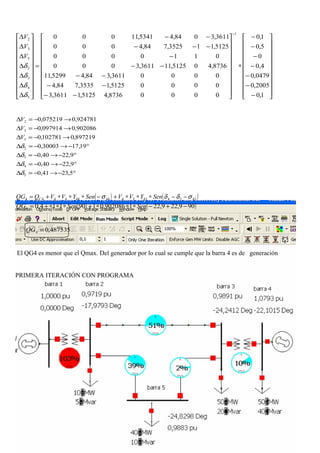 





















−
−
−
−
−
−
−
∗






















−−
−−
−−
−−
−
−−−
−−
=






















∆
∆
∆
∆
∆
∆
∆
−
1,0
2005,0
0479,0
4,0
0
5,0
1,0
00008736,45125,13611,3
00005125,13535,784,4
00003611,384,45299,11
8736,405125,113611,3000
0110000
5125,113525,784,4000
3611,3084,45341,11000
1
5
4
3
2
5
3
2
δ
δ
δ
δ
V
V
V
°−→−=∆
°−→−=∆
°−→−=∆
°−→−=∆
→−=∆
→−=∆
→−=∆
5,2341,0
9,2240,0
9,2240,0
19,1730003,0
897219,0102781,0
902086,0097914,0
924781,0075219,0
5
4
3
2
5
3
2
δ
δ
δ
δ
V
V
V
( ) ( )4334433444444444 σδδσ −−∗∗∗+−∗∗∗+= SenYVVSenYVVQQG C
( ) ( )909,229,221902086,0190114,04 −+−∗∗∗+∗∗∗+= SenSenQG
487535,04 =QG
El QG4 es menor que el Qmax. Del generador por lo cual se cumple que la barra 4 es de generación
PRIMERA ITERACIÓN CON PROGRAMA
 