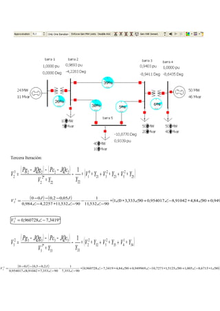 Tercera Iteración:
( ) ( ) ( )25
2
523
2
321
0
1
2222
*2
2
22223
2
1
YVYVYV
YYV
JQcPcJQgPg
V ∗+∗+∗∗−
∗
−−−
=
( ) ( ) ( 949,09084,491042,8954017,090333,301
90532,11
1
90532,112257,4984,0
05,02,0003
2 +∠∗−∠+∠∗∠∗
−∠
−
−∠∗−∠
−−−
=
JJ
V
°−∠= 3419,7960728,03
2V
( ) ( ) ( )34
1
435
2
532
2
2
3333
*1
3
33332
3
1
YVYVYV
YYV
JQcPcJQgPg
V ∗+∗+∗∗−
∗
−−−
=
( ) ( ) ( )9016715,8005,1905125,17271,10949969,09084,43419,7960728,0
90353,7
1
90353,791042,8954017,0
2,05,0002
3 ∠∗−∠+∠∗−∠+∠∗−∠∗
−∠
−
−∠∗∠
−−−
=
JJ
V
 